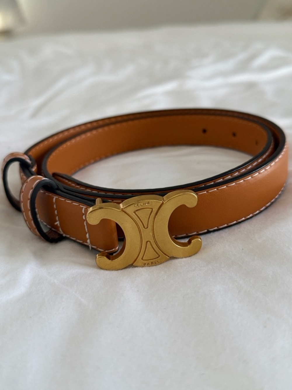 Women’s Tan/Brown Triomphe Belt with Gold Double-C Logo Buckle